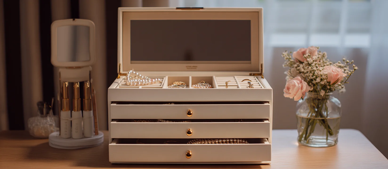 A white jewelry organizer, a perfect example of stacker jewelry boxes, holds a neat earrings display on the top layer along with sections for bracelet displays.